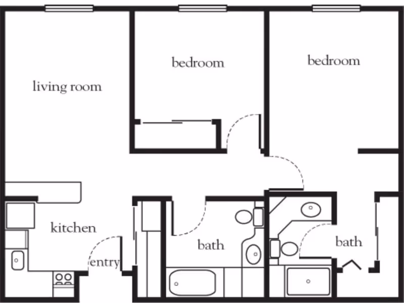 Floor plan layout showing a living room, kitchen, two bedrooms, and two bathrooms with labeled rooms and doors.