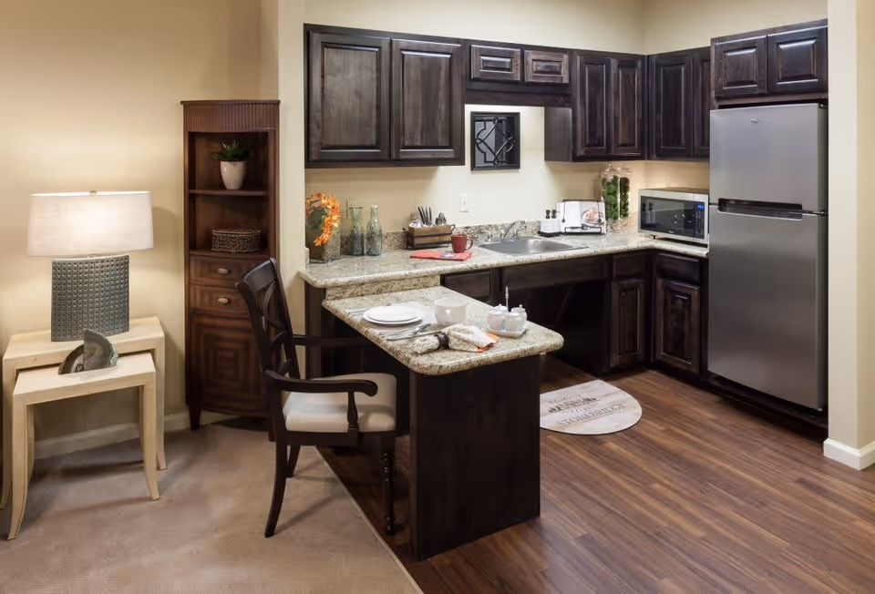 A modern kitchen area with dark wooden cabinets, granite countertops, a stainless steel refrigerator, microwave, and sink. There is a small dining counter with a chair, set with plates, a cup, and a teapot. To the left, there is a wooden shelving unit with a potted plant and a lamp on a small table beside it. The floor is a combination of carpet and wood.