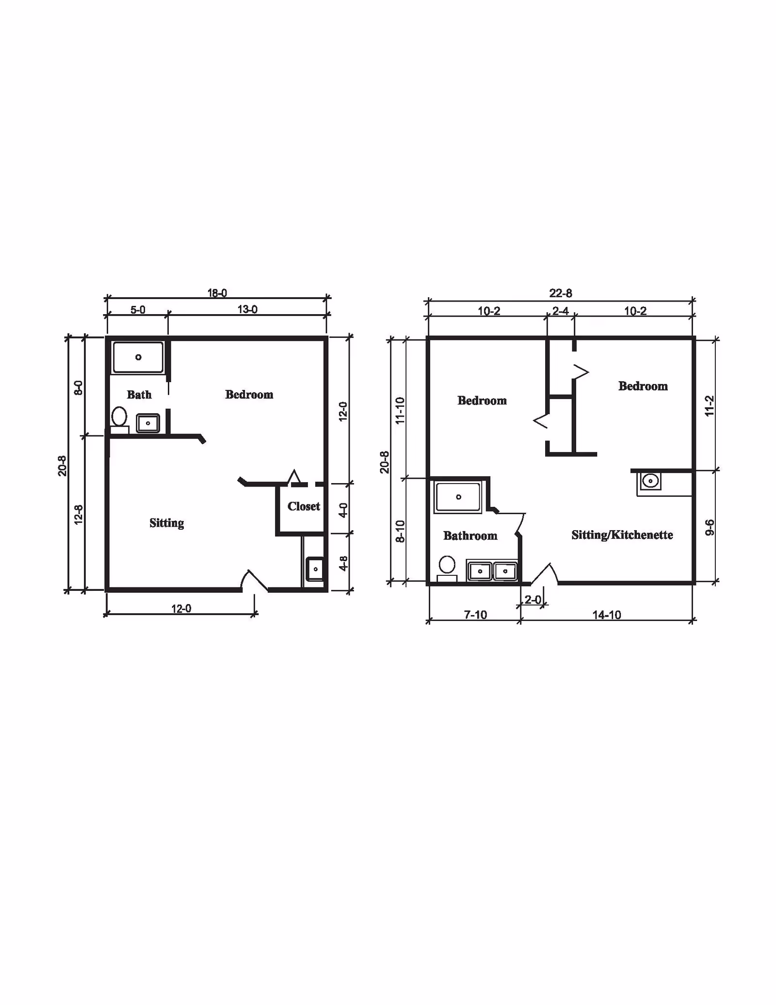 Architectural floor plans showing two different apartment layouts. The left layout includes a bedroom, sitting area, bathroom, and closet. The right layout includes two bedrooms, a bathroom, and a sitting/kitchenette area. Dimensions are marked around each room.