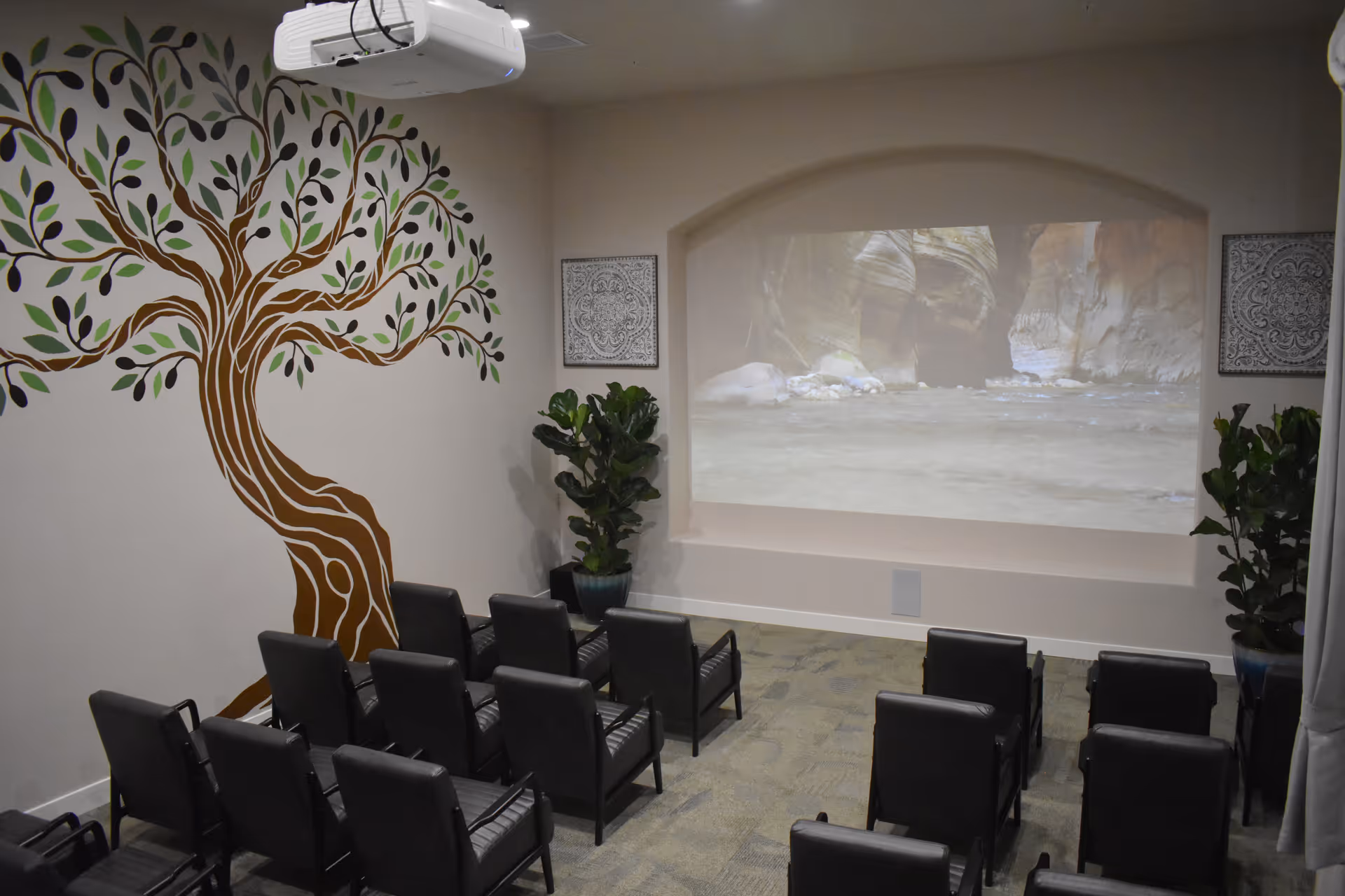 A small theater room with rows of black chairs facing a wall where a nature scene is projected. The room has a decorative tree mural painted on one wall and two potted plants on either side of the projection area. There are also two framed decorative pieces on the wall.