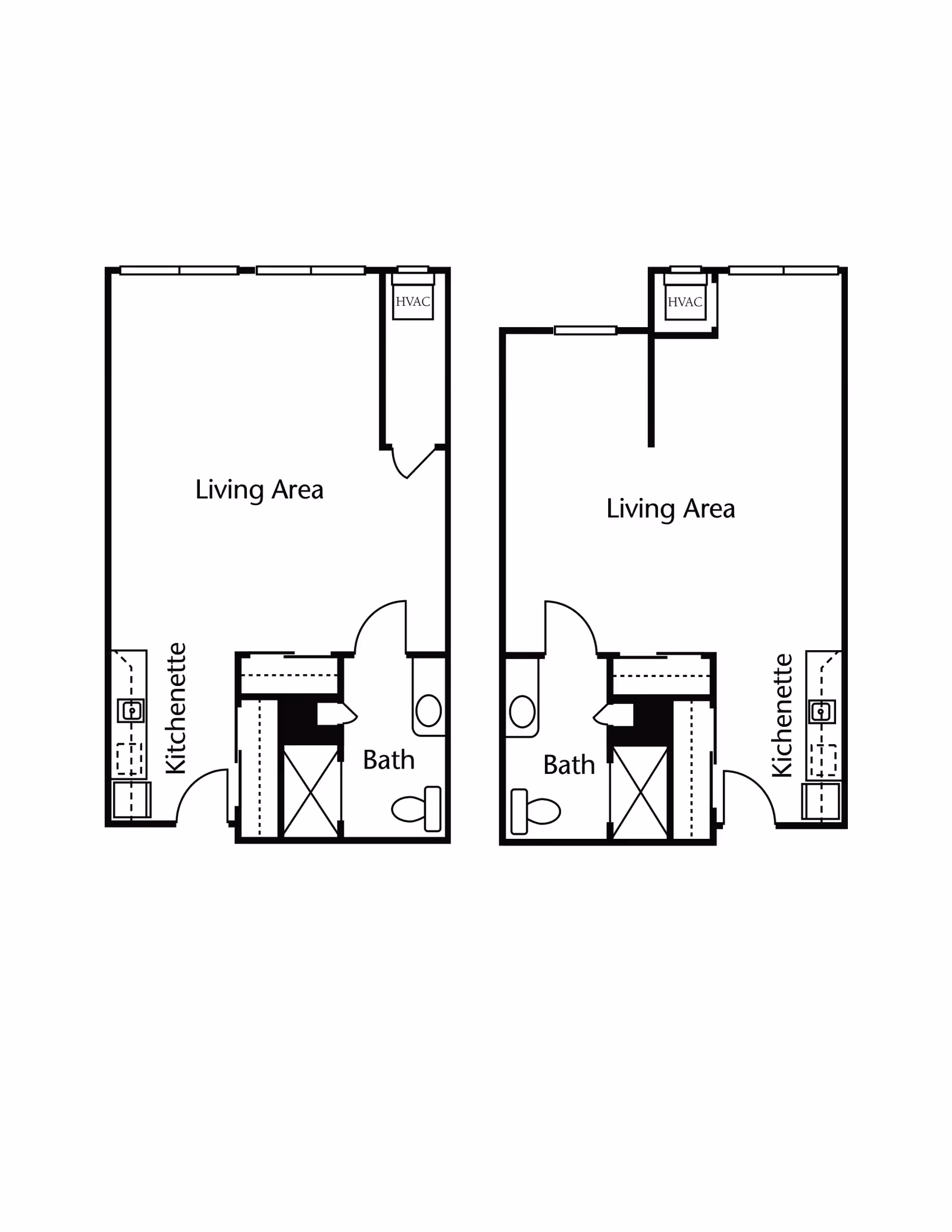 Architectural floor plan showing two similar studio apartment layouts, each with a living area, kitchenette, bathroom, and HVAC closet.