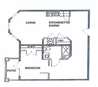 Black-and-white floor plan of a one-bedroom apartment showing a living room, kitchenette/dining area, bedroom, bathroom, and patio with labeled closets and utilities.