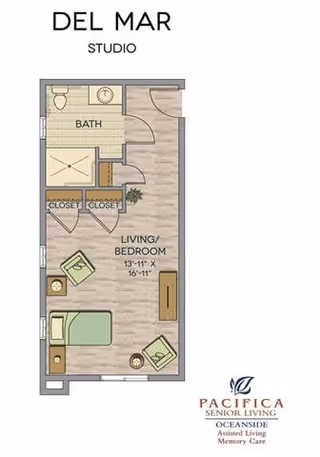 Floor plan of the Del Mar studio apartment at Oceanside Senior Living, showing a combined living and bedroom area with two chairs, a bed, two closets, and a bathroom with a shower, toilet, and sink.
