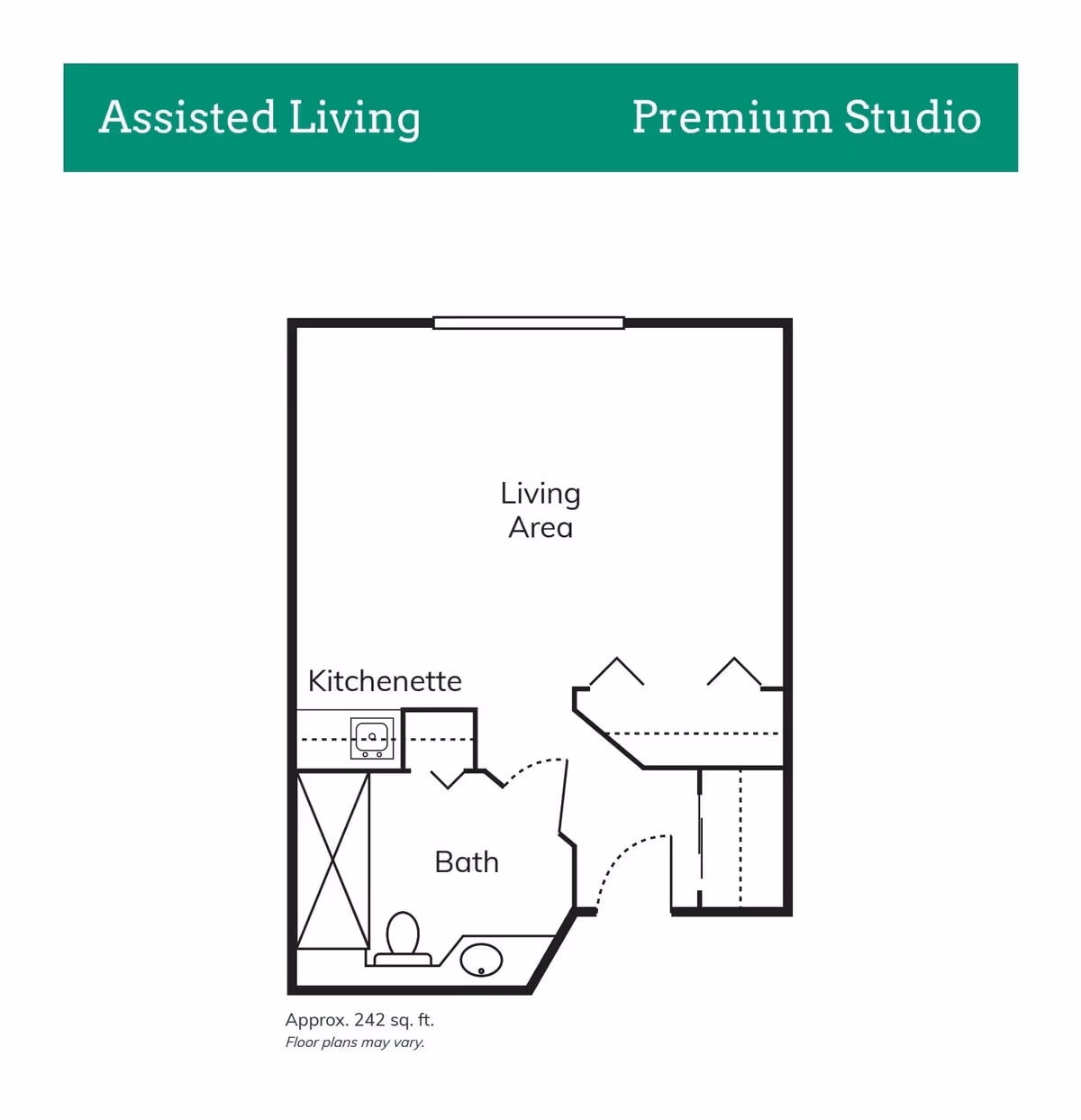 Floor plan of a premium studio assisted living unit at Aldea Green, showing a living area, kitchenette, and bath, with approximate size of 242 square feet.