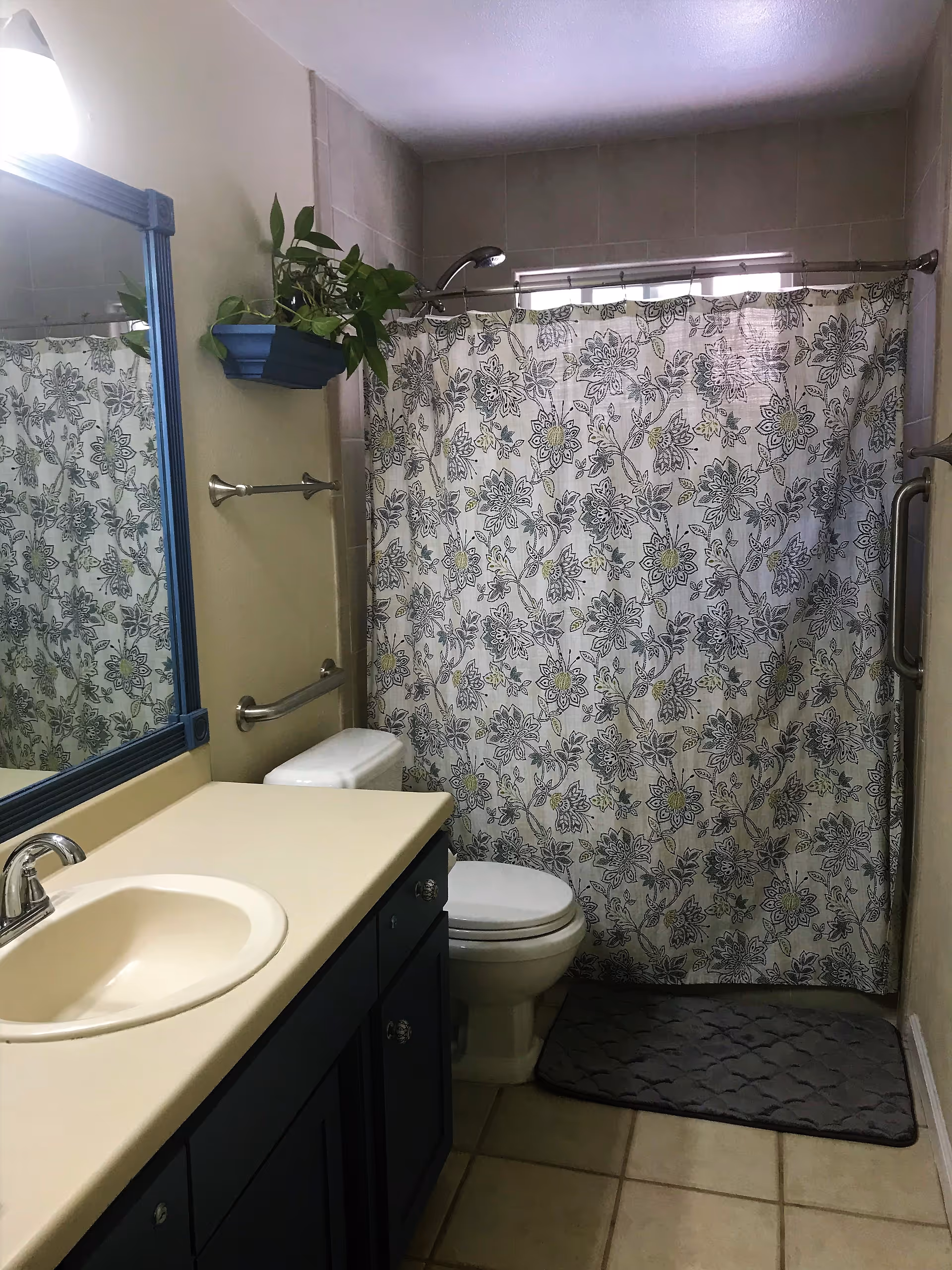 A bathroom with a sink and countertop on the left, a toilet in the center, and a shower area with a floral patterned shower curtain. There is a mirror above the sink, a small potted plant on a wall-mounted shelf, and grab bars on the walls near the toilet and shower. The floor is tiled and there is a gray bath mat in front of the shower.
