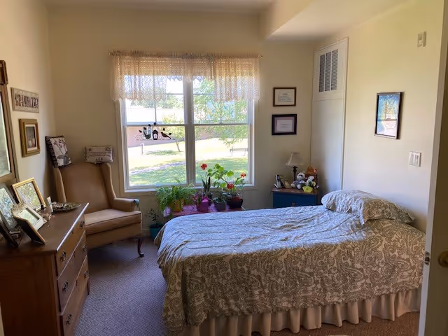 A sunlit bedroom with a single bed covered in patterned bedding, an armchair, dresser, bedside table, and a window with potted plants.
