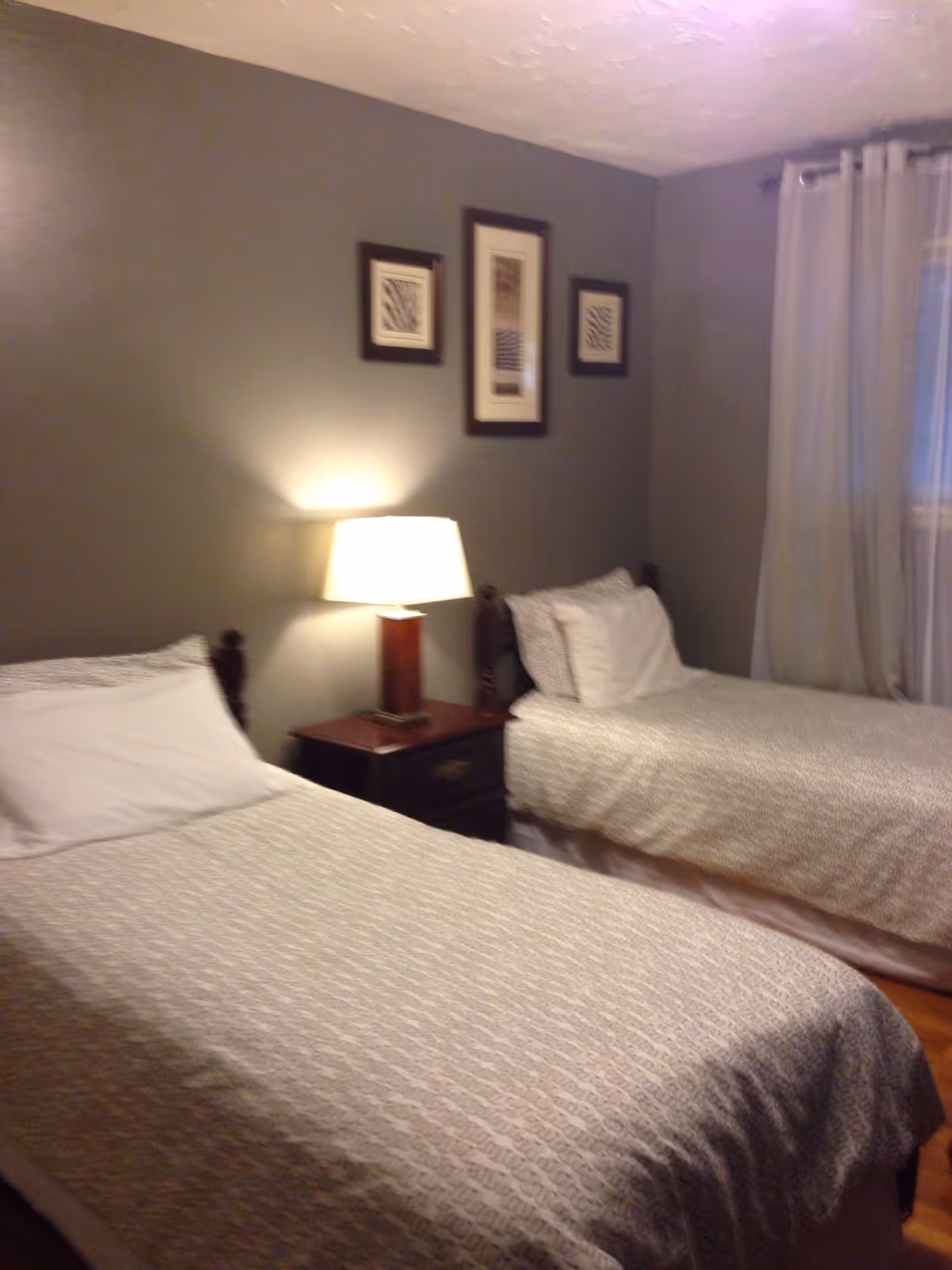 Small bedroom with two twin beds dressed in gray bedding, a nightstand with a lamp, framed wall art, and a curtained window.