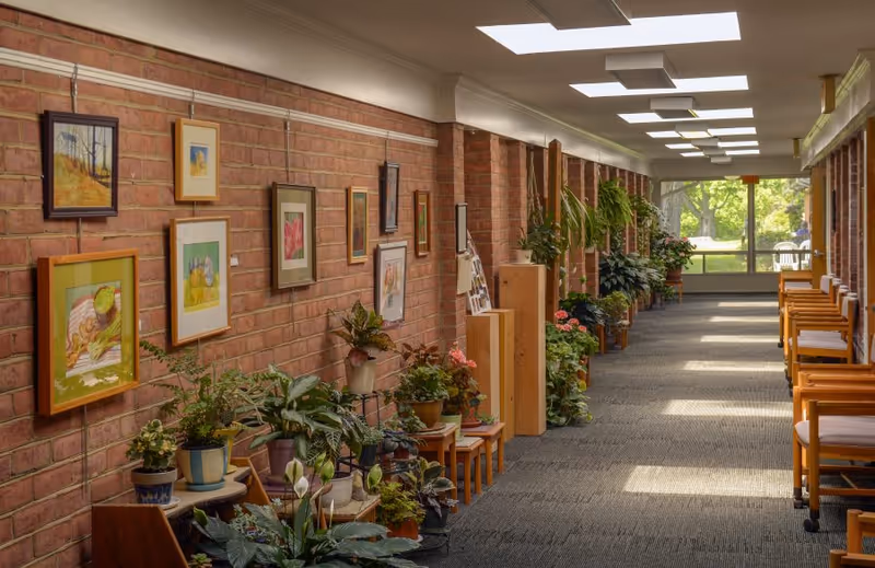 A long indoor hallway with brick walls adorned with framed artwork. The hallway is lined with numerous potted plants on small tables and stands along one side, and wooden chairs with cushions arranged neatly along the opposite side. Large windows at the end of the hallway allow natural light to brighten the space.