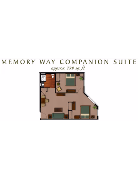 Floor plan titled 'Memory Way Companion Suite' showing two bedrooms, a living area, bathroom, and furnishings (approx. 799 sq. ft.).