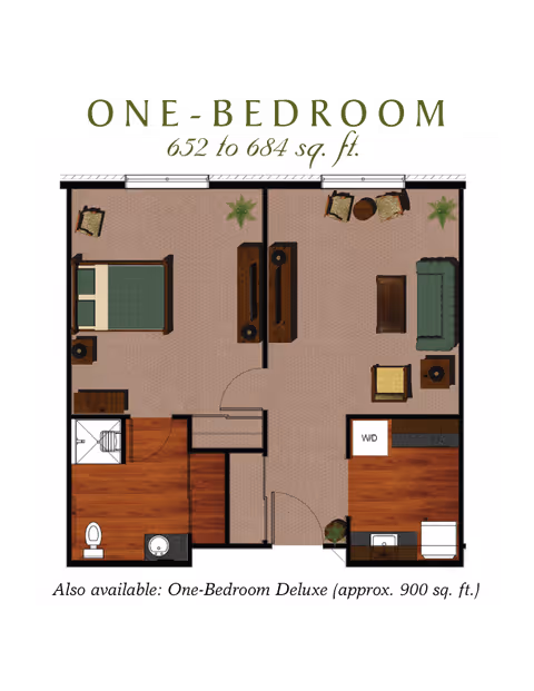 Floor plan of a one-bedroom apartment with an area of 652 to 684 square feet. The layout includes a bedroom with a bed and nightstand, a living room with sofa, chairs, coffee table, and TV stand, a kitchen area with sink and appliances, a bathroom with toilet and sink, and a washer/dryer area. There are also plants and additional furniture shown in the rooms.