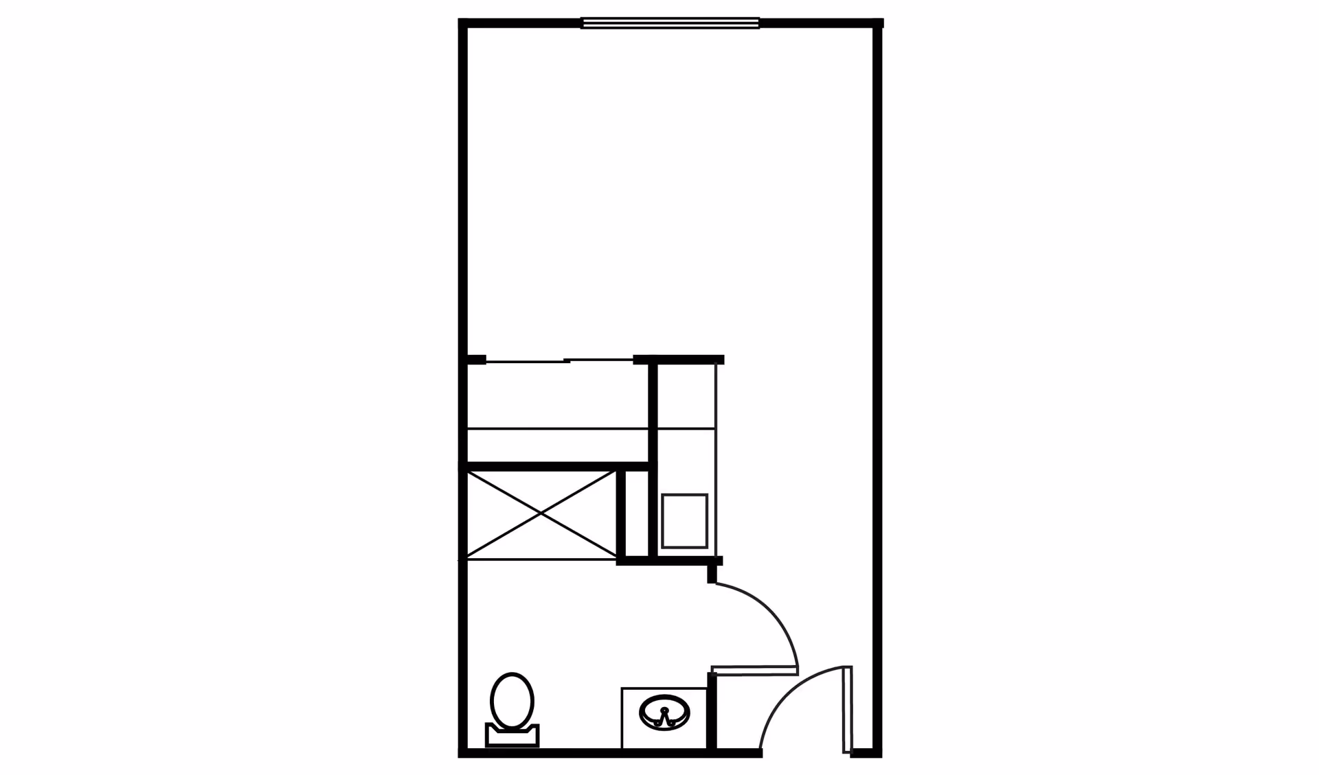 Architectural floor plan of a small room layout featuring a bathroom area with a toilet and sink, a closet or storage space, and an entry door.