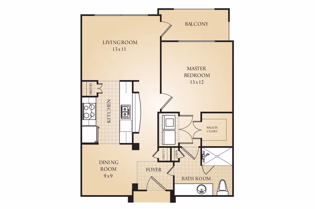 Floor plan of an apartment unit showing a living room, kitchen, dining room, master bedroom with walk-in closet, bathroom, foyer, and balcony. Dimensions are provided for the living room, dining room, and master bedroom.