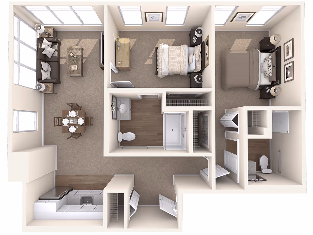 Top-down view of a two-bedroom apartment floor plan featuring a living room with a sofa and coffee table, a dining area with a table set for four, a kitchen with appliances and cabinetry, two bedrooms each with a bed and nightstands, and two bathrooms with toilets and showers.