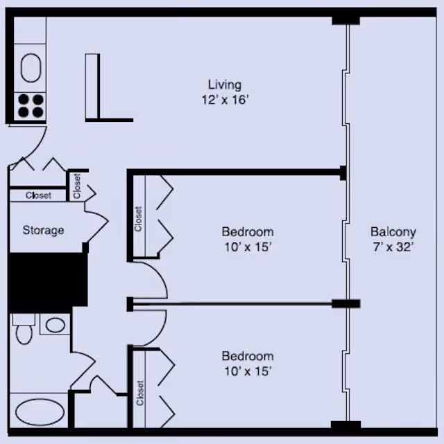 Floor plan of an assisted living unit showing two bedrooms each measuring 10 by 15 feet, a living room measuring 12 by 16 feet, a kitchen area, a bathroom, storage space, closets, and a balcony measuring 7 by 32 feet.