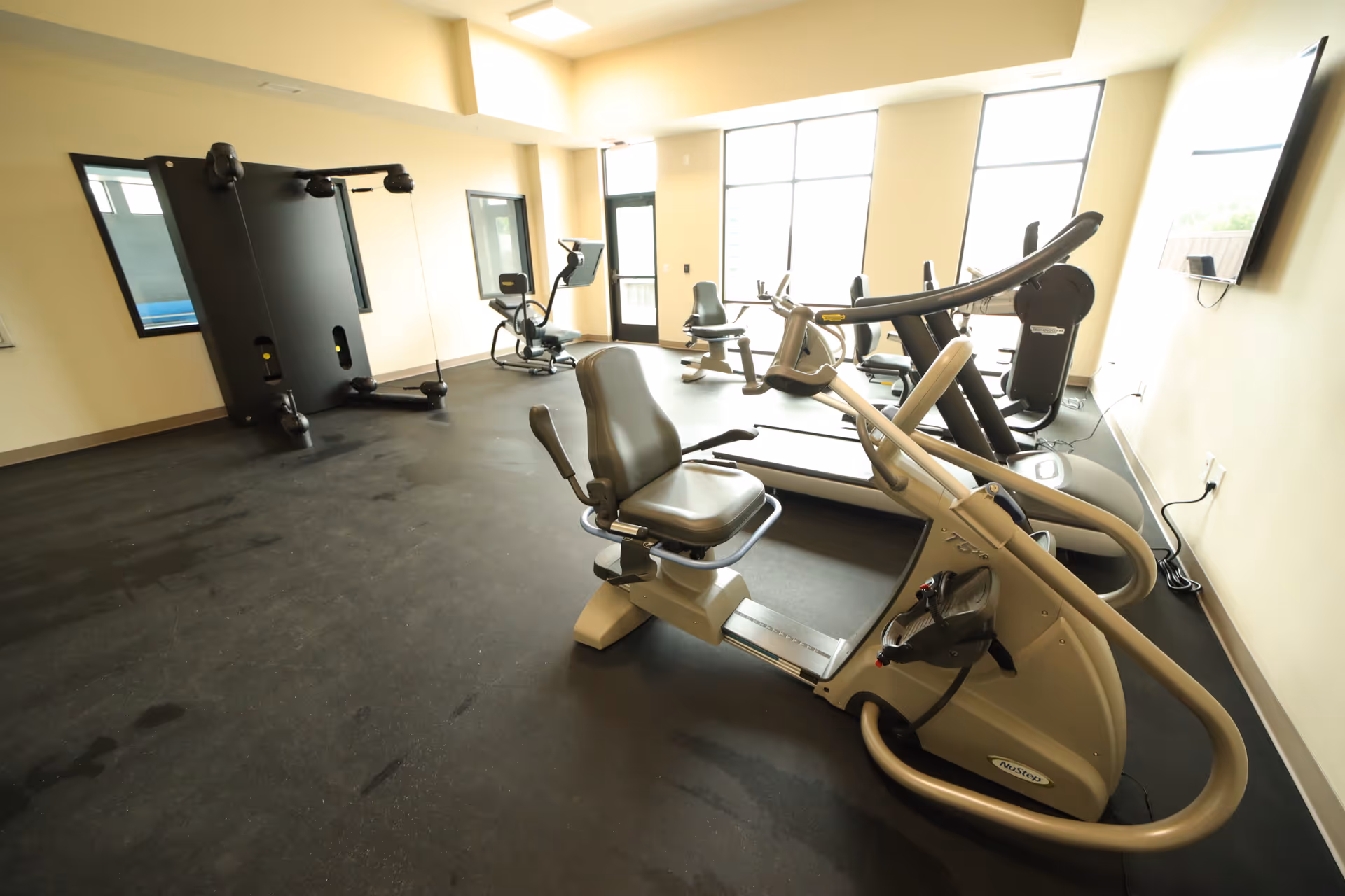 Bright fitness room with cardio and strength-training equipment and large windows.