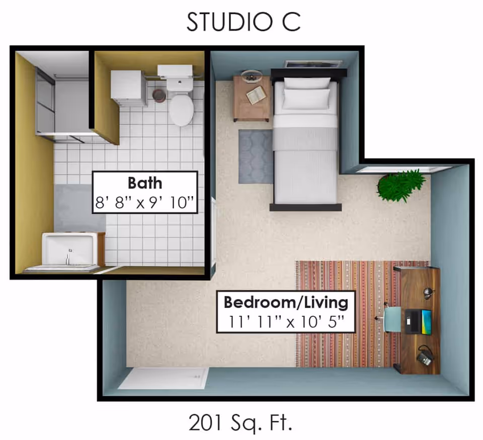 Floor plan labeled Studio C showing a combined bedroom and living area measuring 11 feet 11 inches by 10 feet 5 inches, with a single bed, nightstand, rug, desk with chair and laptop, and a plant in the corner. Adjacent is a bathroom measuring 8 feet 8 inches by 9 feet 10 inches, containing a shower, toilet, sink, and cabinet. The total area is 201 square feet.