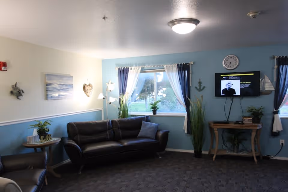 A cozy living room with a dark brown leather sofa and armchair, a small round wooden side table with a plant and decorative items, light blue and cream walls with wall art and a heart-shaped decoration. There are two windows with sheer white and dark blue curtains, a wall-mounted TV displaying a black and white image, a clock above the TV, and a wooden console table with books and plants underneath.