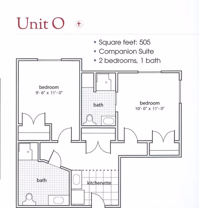 Floor plan for Unit O at Village at the Oaks showing a companion suite with two bedrooms, one measuring 9 feet 6 inches by 11 feet and the other 10 feet by 11 feet, one bathroom, and a kitchenette area.