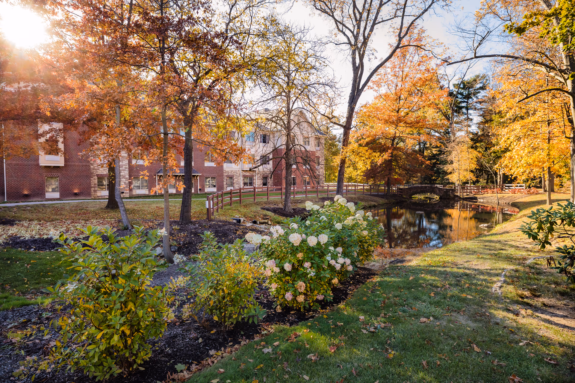 A peaceful outdoor scene at Ohio Living Rockynol featuring a small pond with a stone bridge, surrounded by trees with autumn foliage and green shrubs. A brick building is visible in the background under a clear sky.