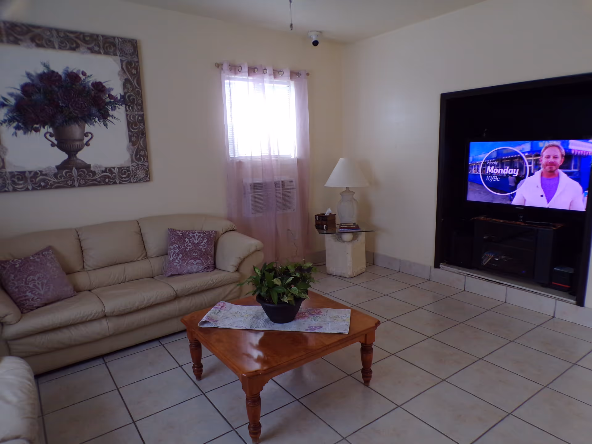 A cozy living room with a beige leather sofa adorned with purple patterned pillows, a wooden coffee table with a plant centerpiece, a window with sheer purple curtains and an air conditioning unit, a side table with a lamp and books, and a flat-screen TV mounted in a recessed wall space showing a man and text about a Monday finale.