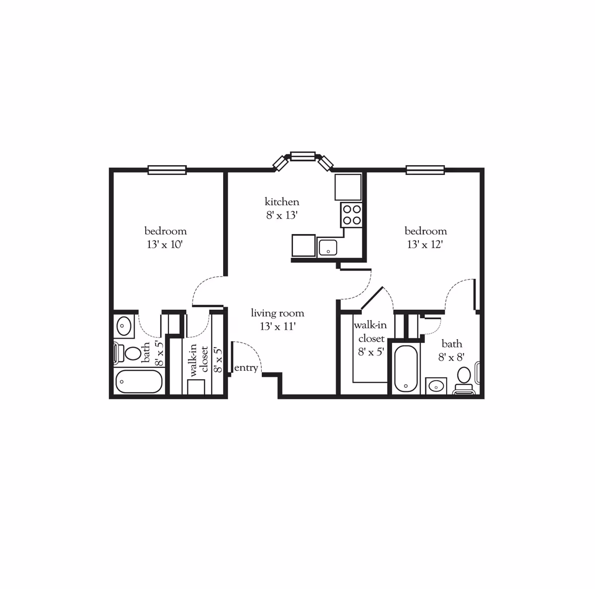 Floor plan of a two-bedroom apartment with two bathrooms, a kitchen, a living room, and walk-in closets. The left bedroom measures 13 by 10 feet and has an adjacent bathroom and walk-in closet. The kitchen is 8 by 13 feet and is located centrally. The right bedroom measures 13 by 12 feet and includes a walk-in closet and an adjacent bathroom. The living room is 13 by 11 feet and is near the entry.