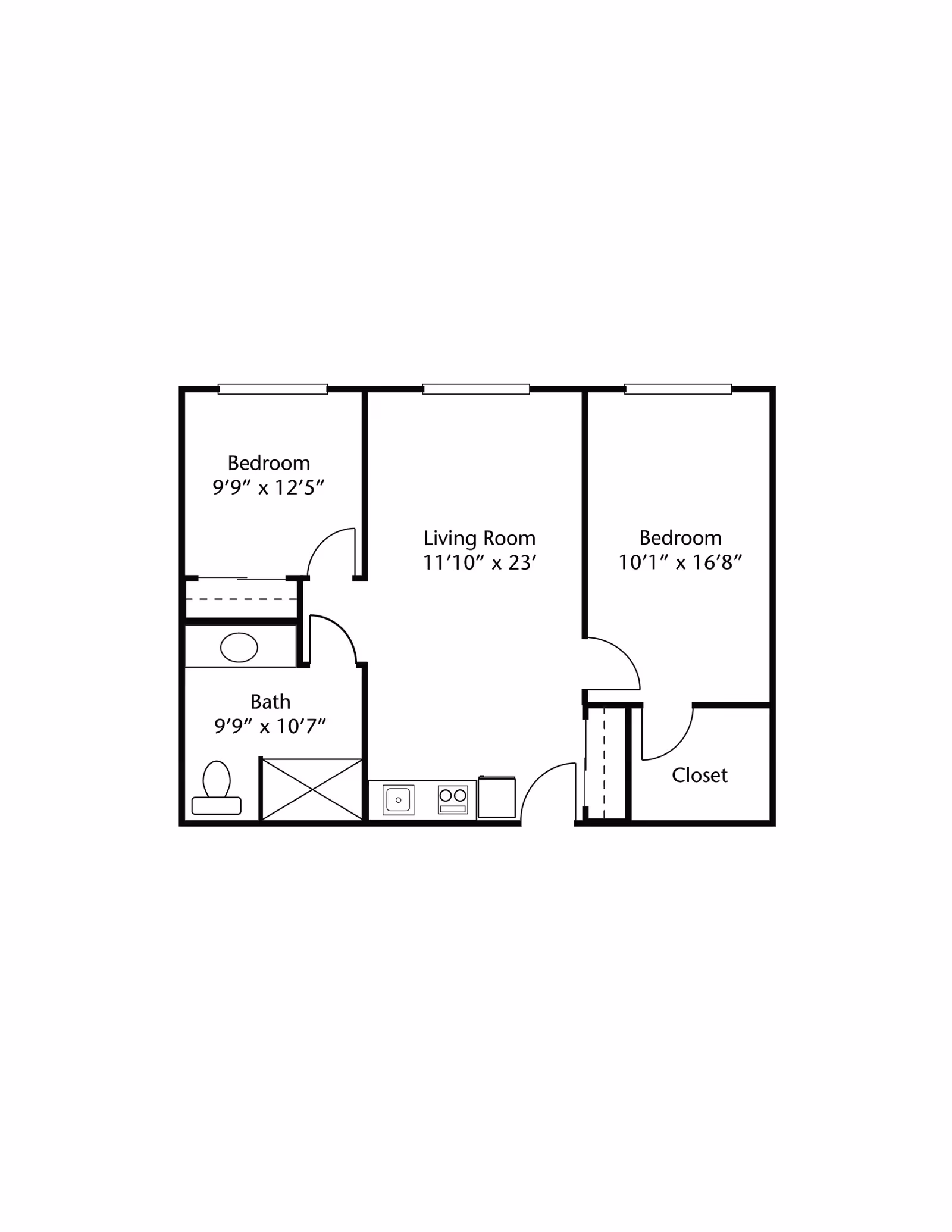 Floor plan of an apartment with two bedrooms, one bathroom, a living room, and a kitchen area. The left bedroom measures 9 feet 9 inches by 12 feet 5 inches, the right bedroom measures 10 feet 1 inch by 16 feet 8 inches and includes a closet. The bathroom is 9 feet 9 inches by 10 feet 7 inches. The living room is 11 feet 10 inches by 23 feet. The kitchen area is adjacent to the living room.