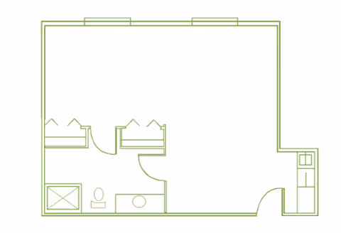 Floor plan layout of a living space showing a bathroom with a shower, toilet, and sink, two closets, an open living area, and a small kitchen area near the entrance.