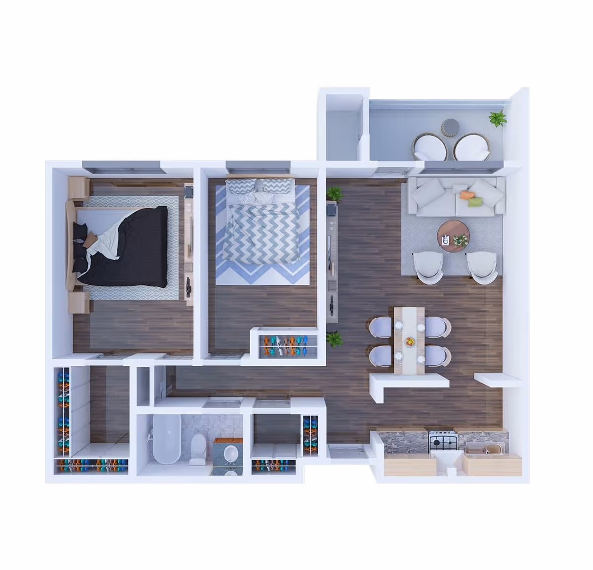 Top-down view of a two-bedroom apartment floor plan featuring a living room with sofa and chairs, a dining area with a table and four chairs, a kitchen with appliances, a bathroom with a bathtub and toilet, and two bedrooms with beds and rugs. There is also a small balcony with two chairs and a table.