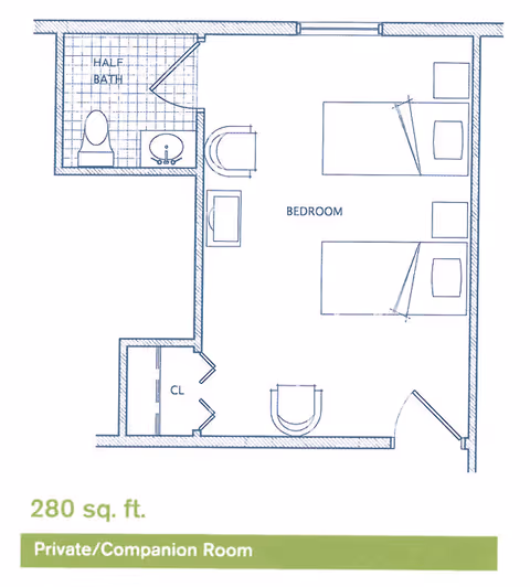 Floor plan of a 280 square foot private/companion room at Heritage Hill Senior Community, showing a bedroom with two beds, a half bath with a toilet and sink, a closet, and an entry door.