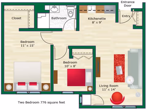 Floor plan of a two-bedroom assisted living apartment at HeatherWood Assisted Living & Memory Care, showing an entry, kitchenette, bathroom, living room, and two bedrooms with dimensions and furniture layout.