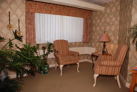 Small sitting area with two striped armchairs, a side table and lamp beside a curtained window and potted plants.