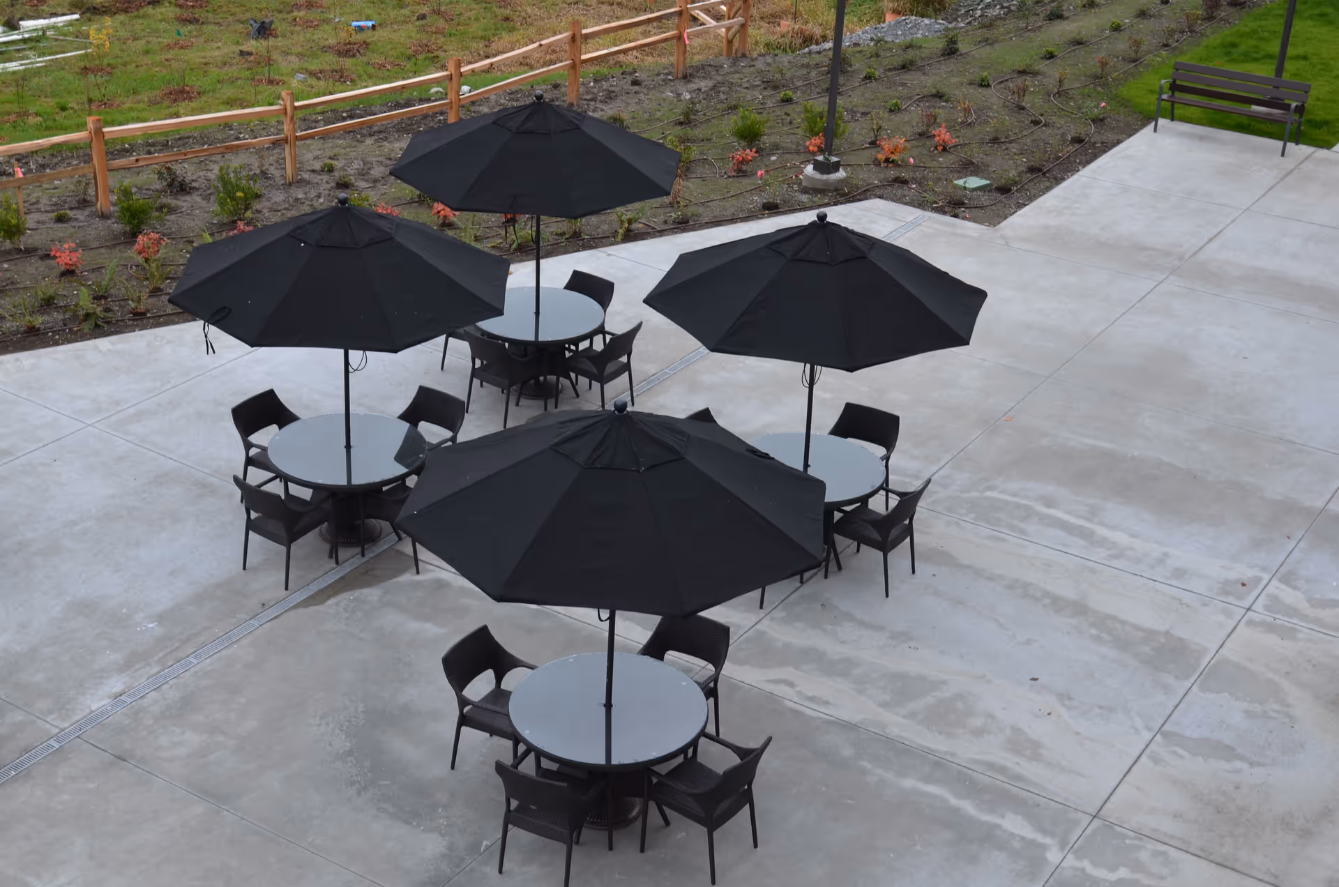 Outdoor patio area with four round tables, each surrounded by four black chairs and shaded by large black umbrellas. The patio is made of concrete and bordered by a garden area with small plants and a wooden fence.