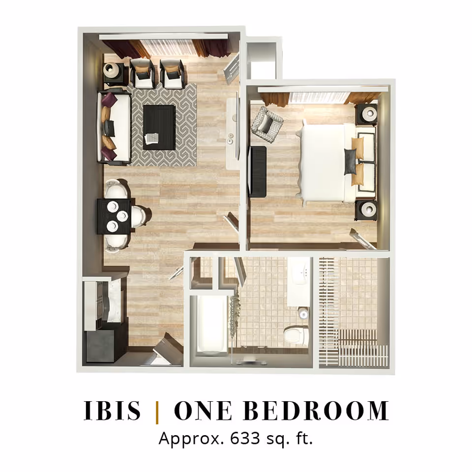 Top-down rendered floor plan of a one-bedroom apartment showing a living room, dining area, kitchen, bedroom, and bathroom labeled 'IBIS | ONE BEDROOM Approx. 633 sq. ft.'