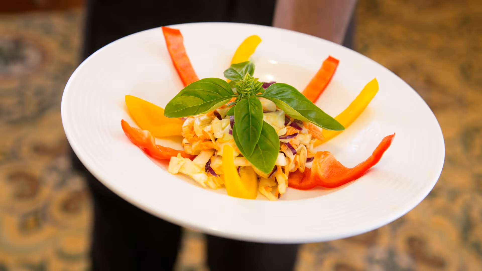 A white plate with a colorful salad consisting of chopped vegetables and garnished with fresh basil leaves, held by a person wearing black clothing.