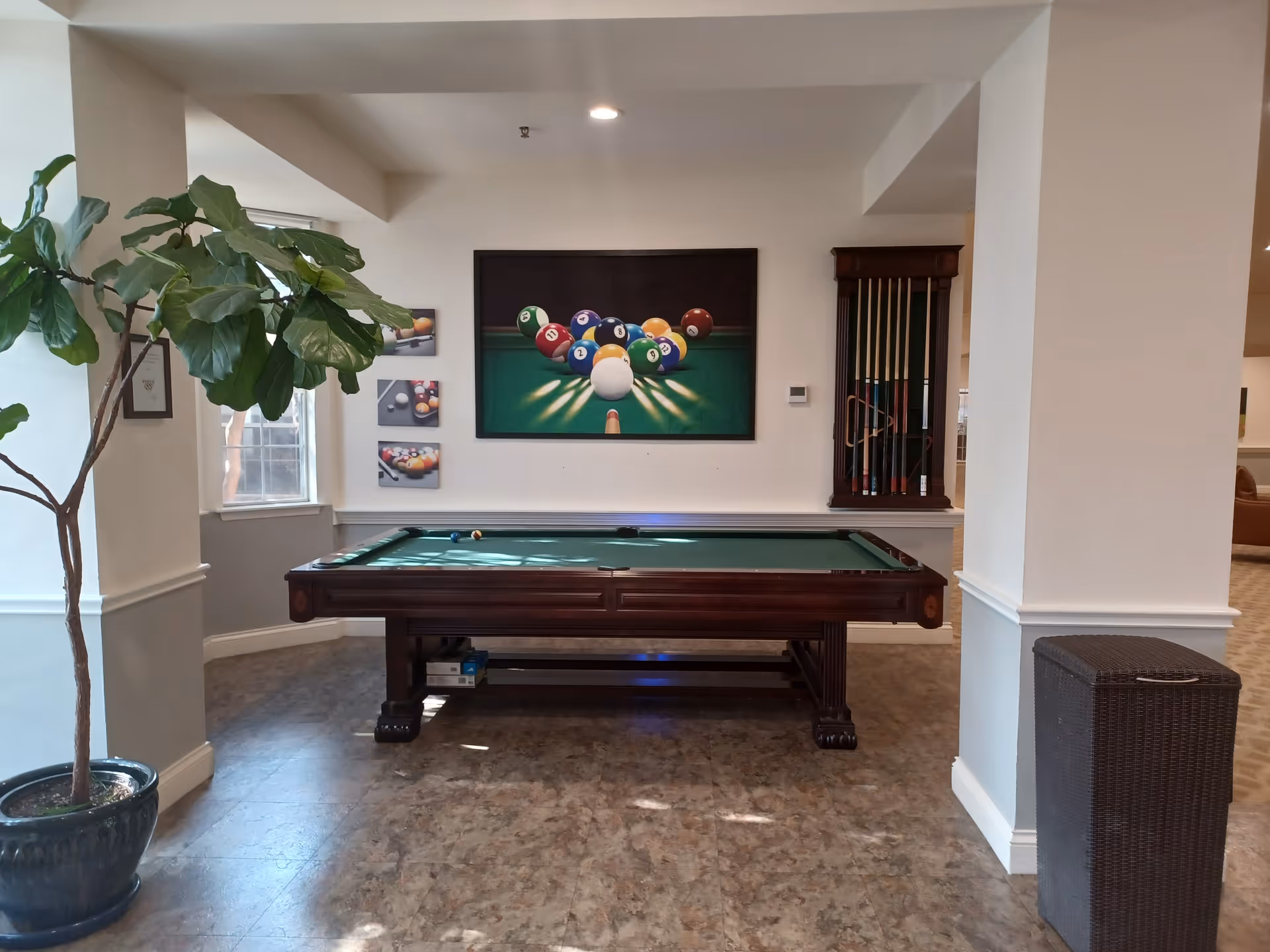Indoor recreational area with a pool table in the center, a large potted plant on the left, and a wall-mounted rack holding pool cues on the right. The wall behind the pool table features a large framed picture of billiard balls and three smaller pictures related to pool. The floor is tiled and the walls are painted white.