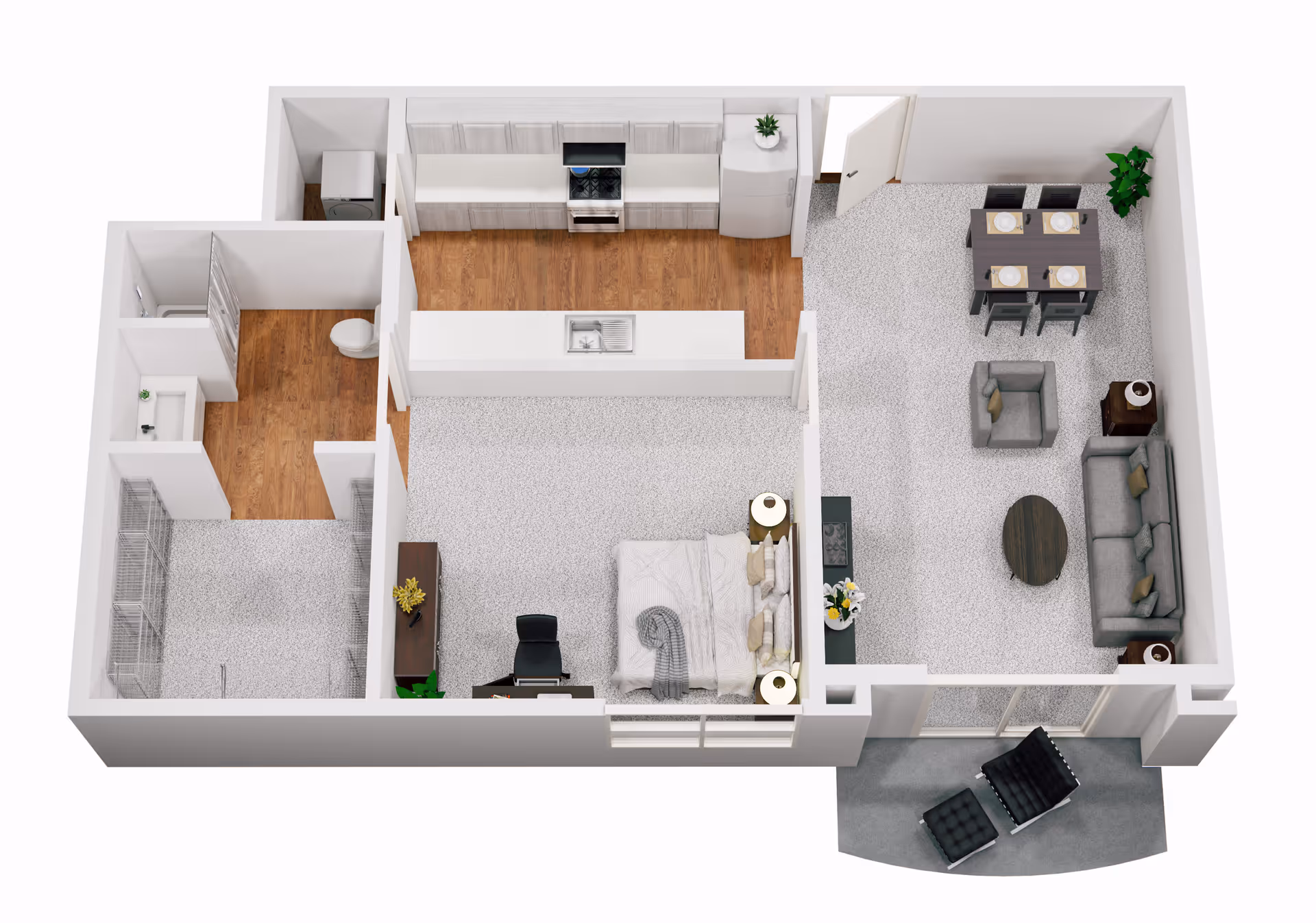 3D floor plan of a senior independent living apartment showing a bedroom with a bed and nightstands, a living room with a sofa, armchair, coffee table, and dining table with four chairs, a kitchen with appliances and cabinets, a bathroom with a toilet and shower, a walk-in closet, and a small outdoor patio with two chairs and a footrest.