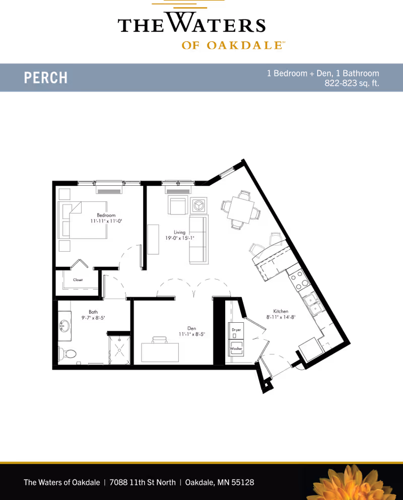 Black-background floor plan titled 'PERCH' showing a 1-bedroom plus den apartment layout with labeled rooms and dimensions.