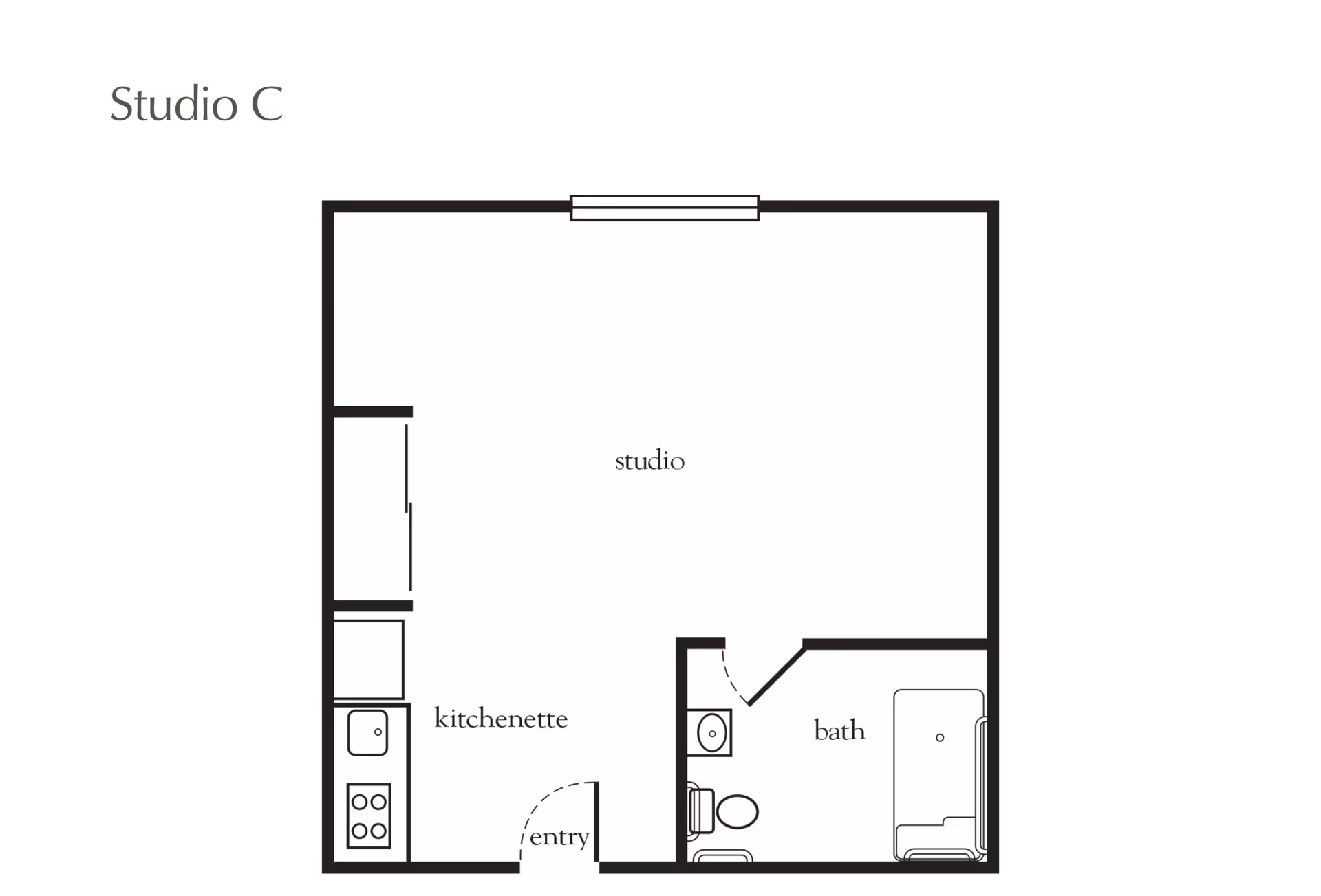 Floor plan labeled Studio C showing a studio apartment layout with a kitchenette near the entry, a bathroom with a bathtub, toilet, and sink, and a main studio living area.
