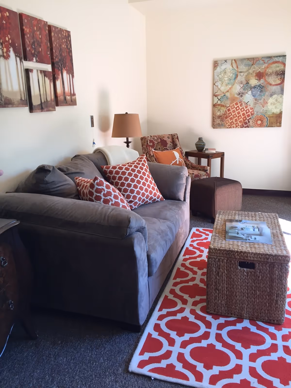 A cozy living room with a gray sofa adorned with red and white patterned pillows, a floral armchair with an orange pillow, a wicker coffee table on a red and white patterned rug, a side table with a vase and book, a floor lamp, and two pieces of wall art featuring trees and abstract patterns.