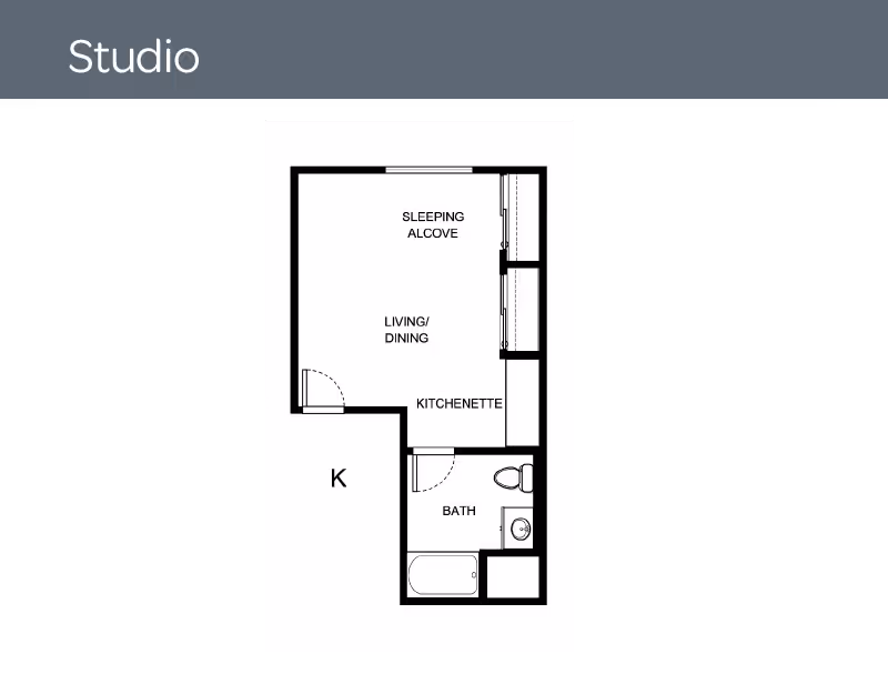 Floor plan of a studio apartment showing a sleeping alcove, living/dining area, kitchenette, and a bathroom with a bathtub, toilet, and sink.