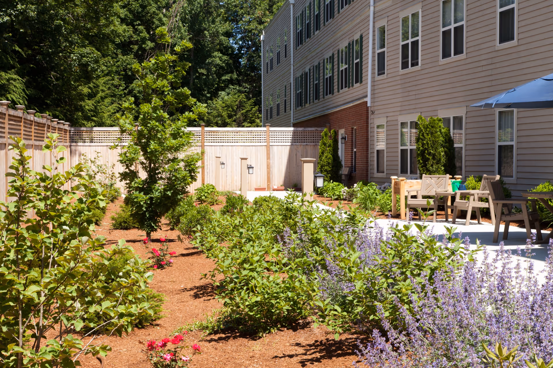 Landscaped courtyard with flowering plants, small trees and patio seating alongside a multi-story residential building.