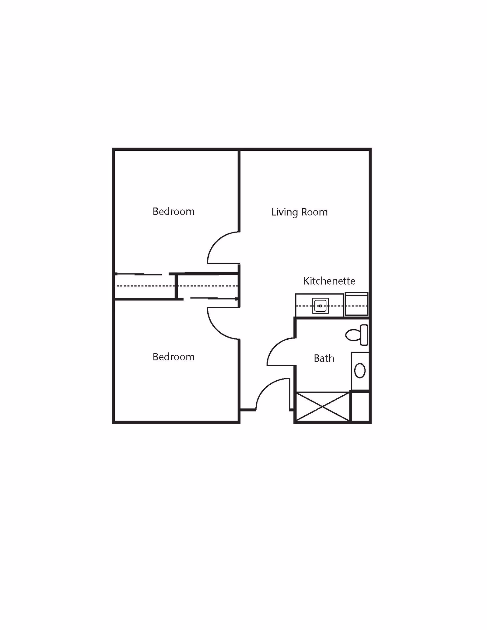Floor plan layout showing two bedrooms, a living room, a kitchenette, and a bathroom.