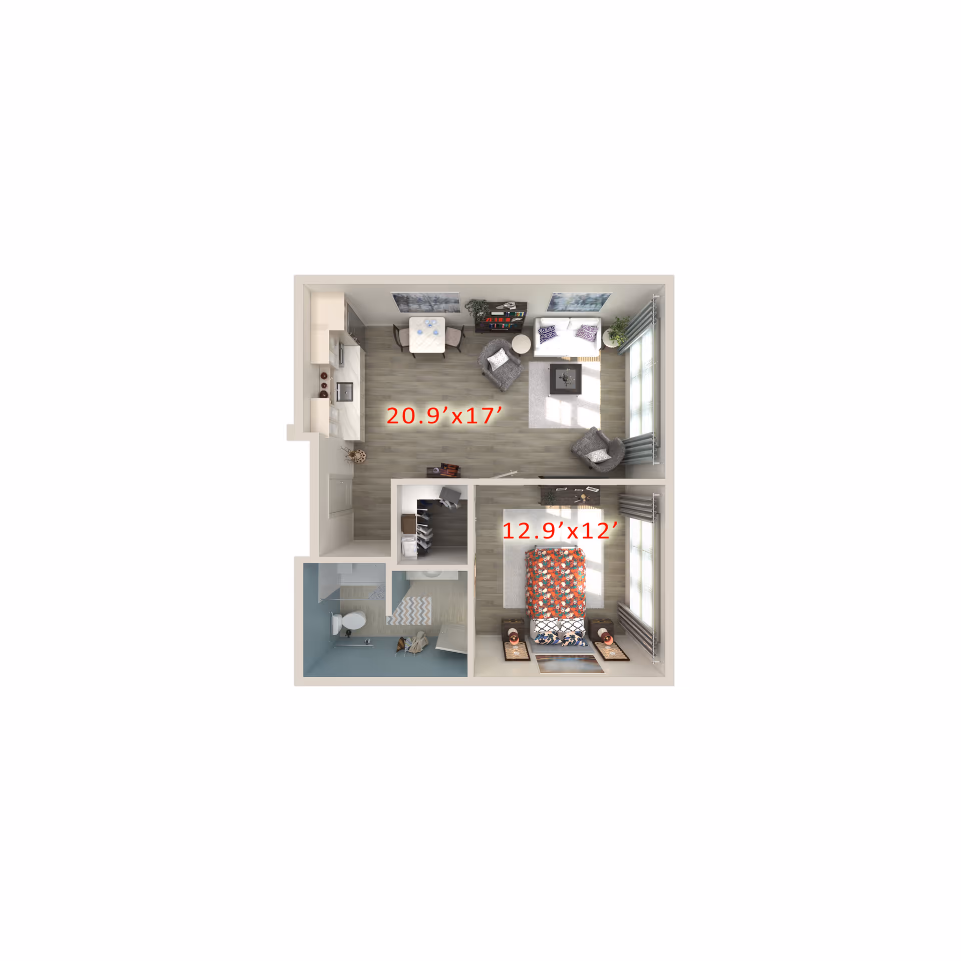 3D floor plan of a one-bedroom apartment showing a living room with sofa, chairs, and dining table, a kitchen area, a bedroom with a bed and nightstands, and a bathroom with a shower and toilet. Dimensions are labeled as 20.9'x17' for the living/kitchen area and 12.9'x12' for the bedroom.
