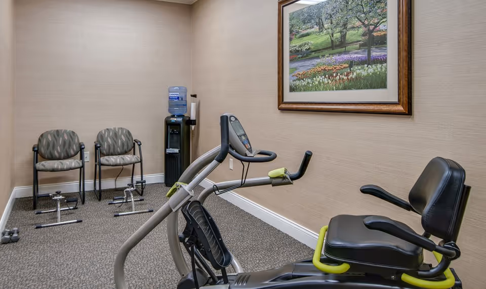 Small exercise room with a recumbent exercise bike in the foreground, two patterned chairs against the wall, a water cooler, and a framed landscape painting on the wall.