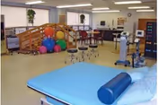 A spacious rehabilitation room with exercise equipment, therapy balls, stools, a padded therapy table with a bolster pillow, and a wooden ramp with handrails. The room has large windows with blinds and potted plants on the windowsills.