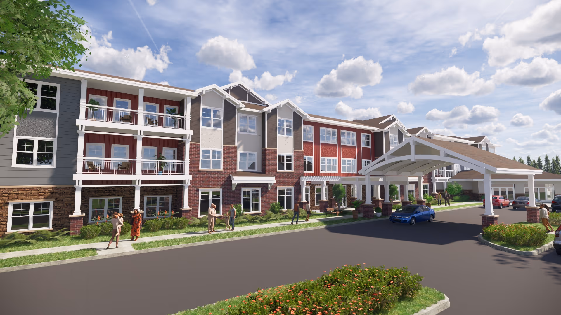 Exterior view of a three-story senior living facility named Meadowview of Johnston, featuring a covered entrance with a driveway, landscaped greenery, and several people walking or standing outside under a partly cloudy sky.