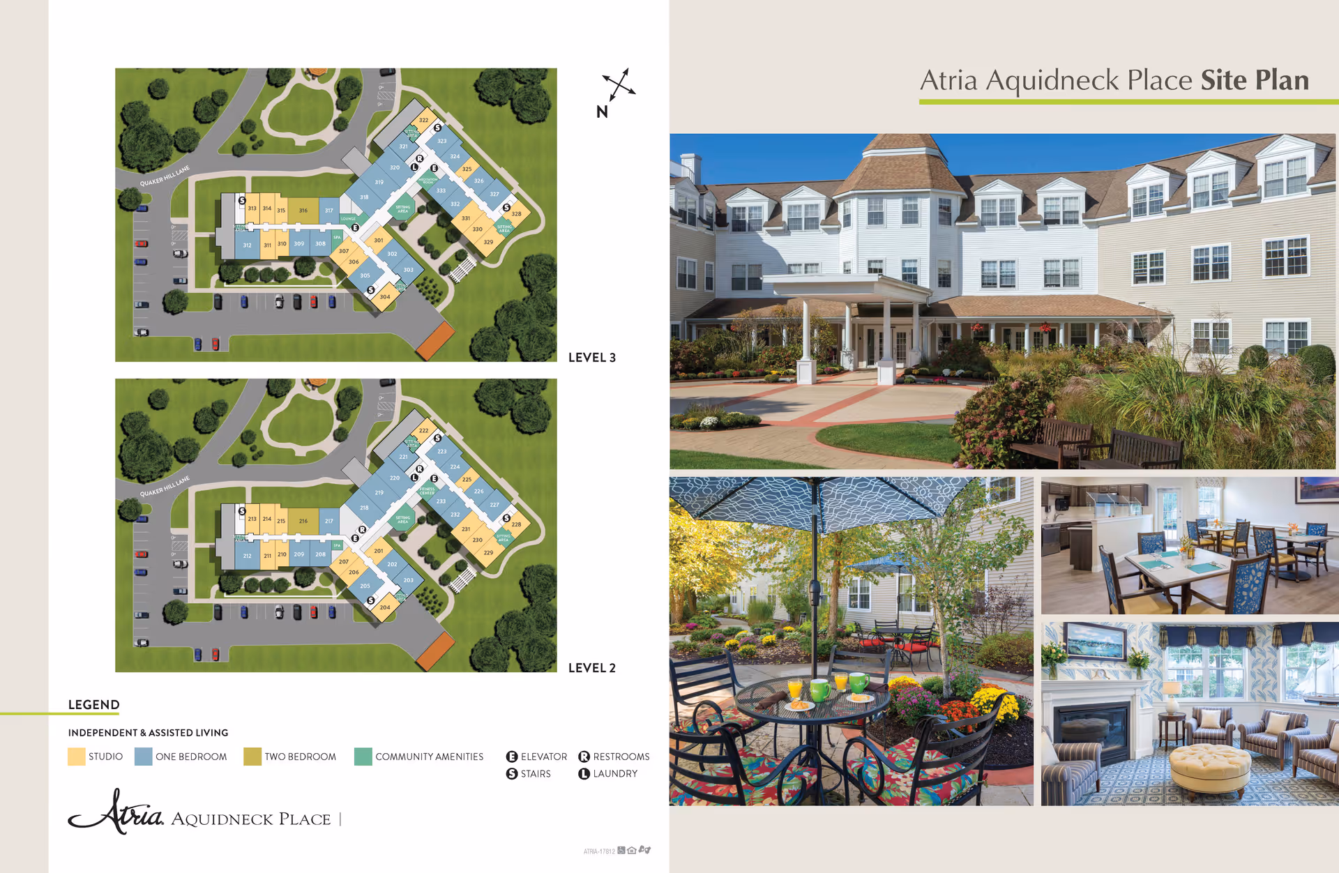 Site plan and photos of Atria Aquidneck Place senior living facility. The left side shows detailed floor plans for Level 2 and Level 3 with color-coded areas for studio, one-bedroom, two-bedroom apartments, and community amenities. The right side features a large exterior photo of the building entrance with landscaping, a courtyard with outdoor seating and umbrella, a dining area with tables and chairs, and a cozy living room with fireplace and seating.