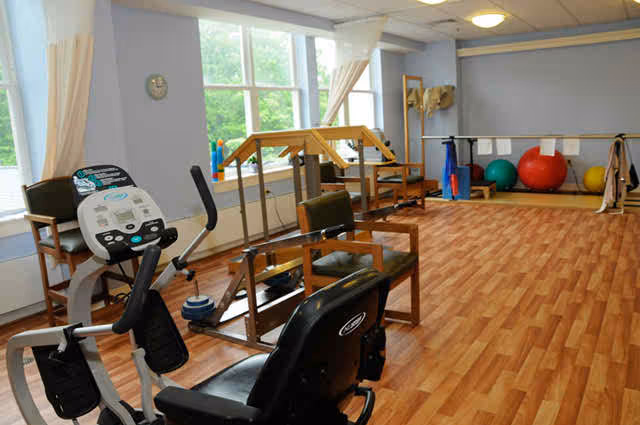 Exercise/rehab room with stationary bikes, therapy stairs, parallel bars, and exercise balls on wood flooring.