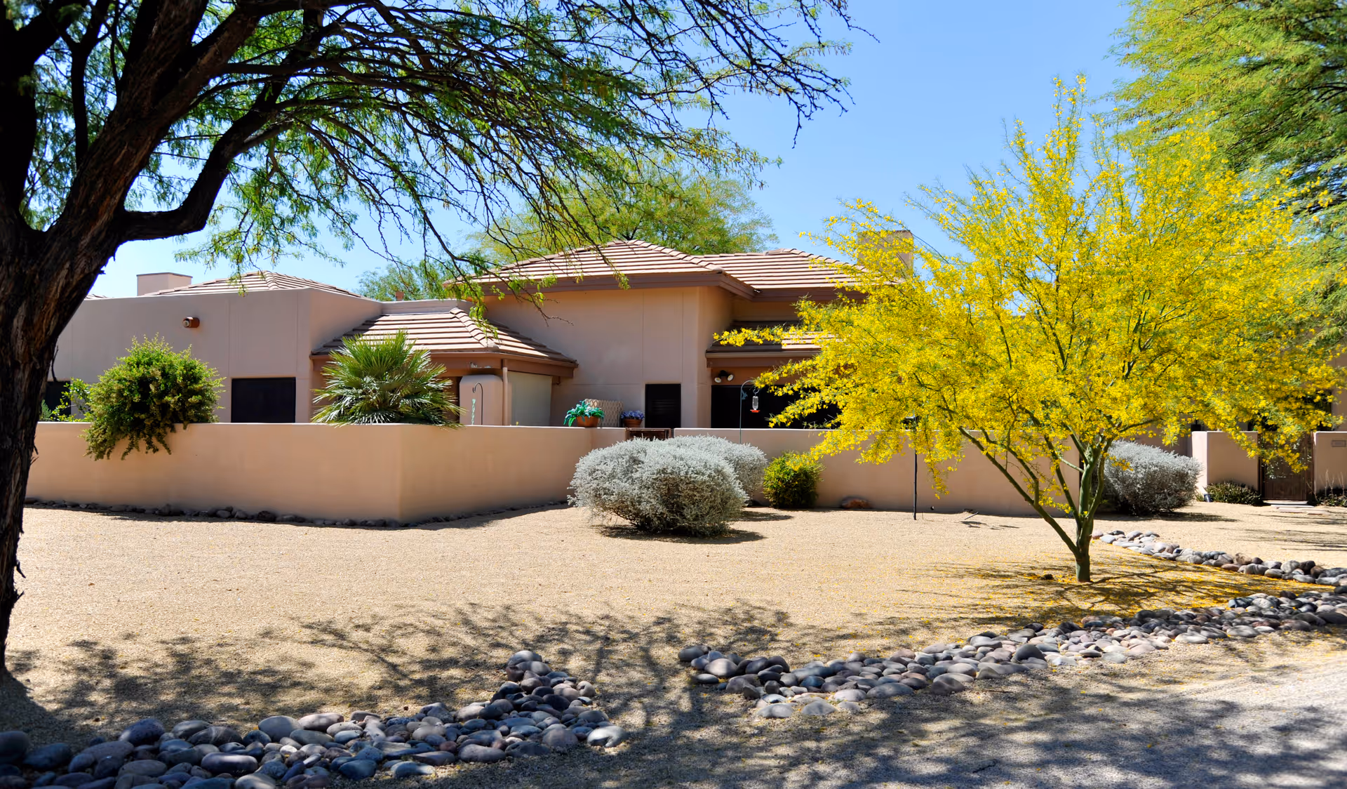Exterior view of a single-story building with a beige stucco wall and tiled roof, surrounded by desert landscaping including a tree with yellow flowers, bushes, and rocks under a clear blue sky.