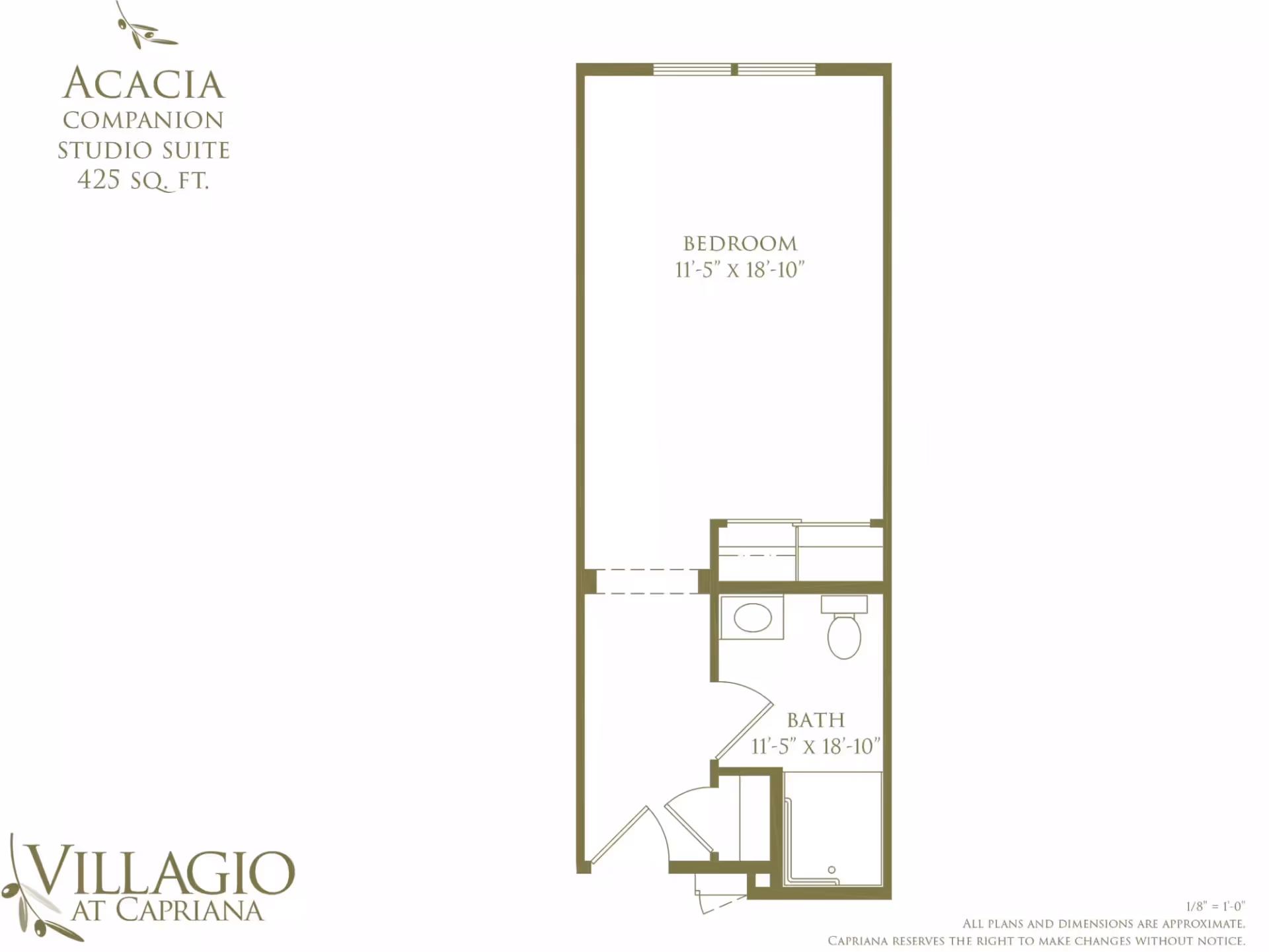 Floor plan of the Acacia Companion Studio Suite at Villagio at Capriana Memory Care Community, showing a bedroom measuring 11 feet 5 inches by 18 feet 10 inches and a bathroom of the same dimensions. The layout includes a main entrance, a bathroom with a sink, toilet, and shower, and a bedroom area.